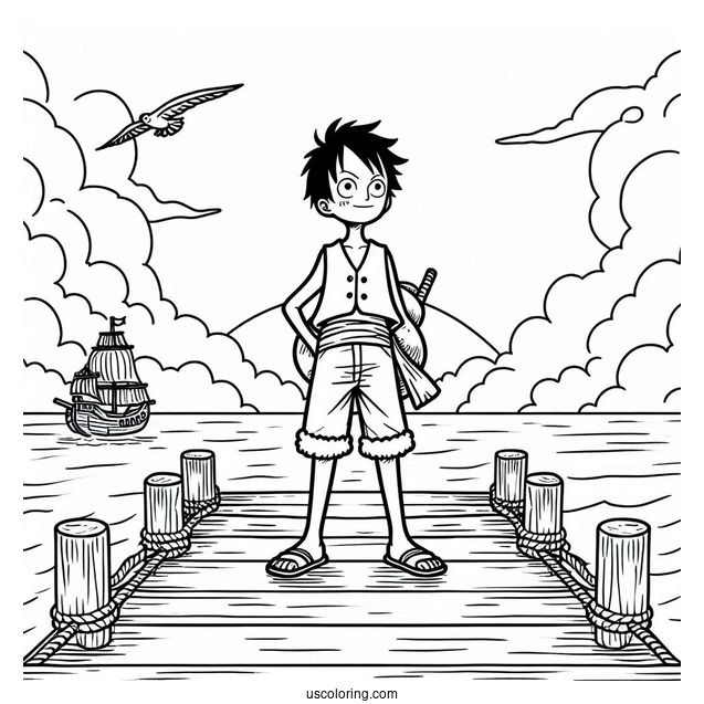 Easy Outline Of Luffy Coloring Page Standing On The Dock