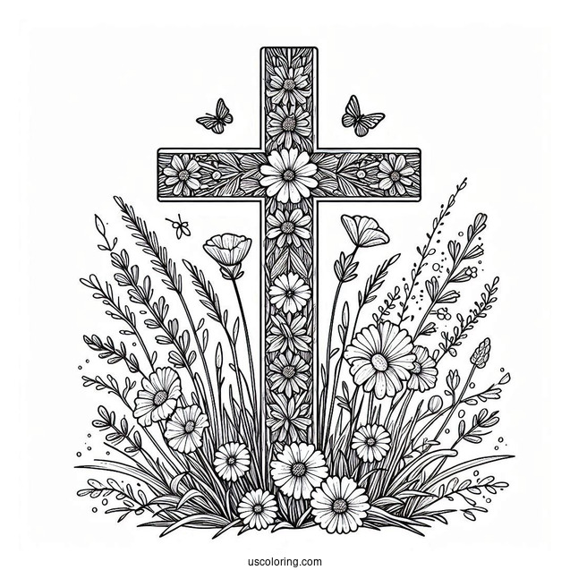 Cross Coloring Page Covered In Wildflowers On A Field