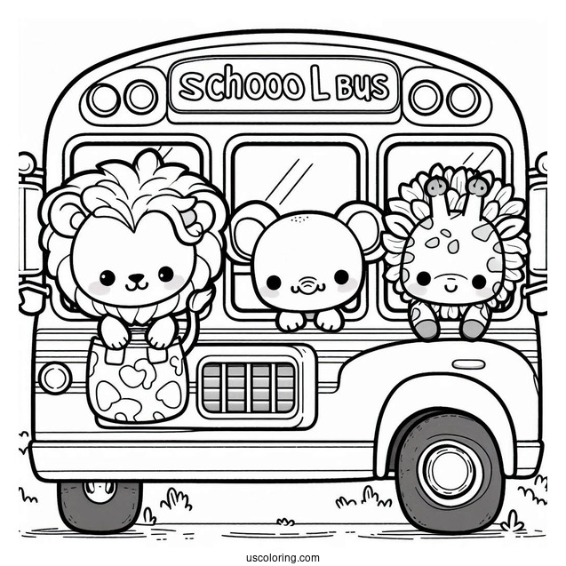 Kawaii Lion, Elephant, and Giraffe on School Bus Coloring Page For Kids