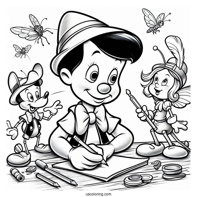 Pinocchio Coloring Page Playing With Figaro, Cleo, And Jiminy Cricket On Table