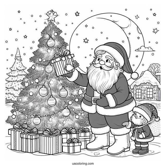 Father Christmas Putting Presents Under a Tree