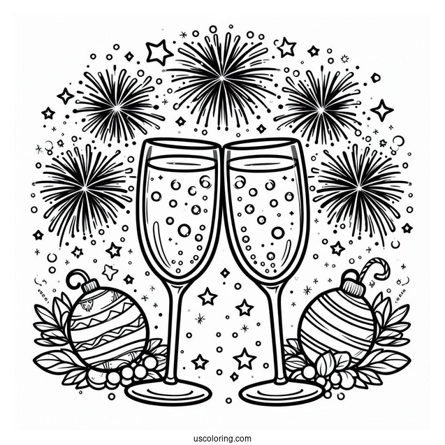 New Year Coloring Page Of Bubbly Wineglasses With Fireworks In The Background