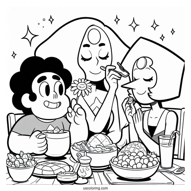 Steven Universe Coloring Page Of Having Breakfast With Pearl, Garnet, And Amethyst