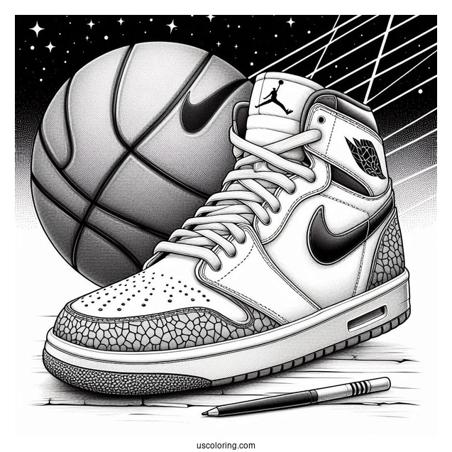 Nike Coloring Page Of Realistic Air Jordan With Basketball In Background