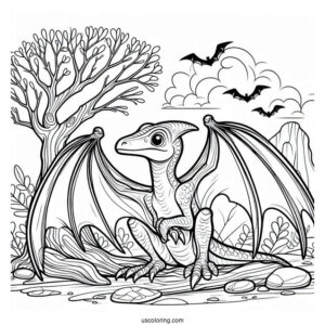 Pterodactyl Coloring Page Resting Beside Tree