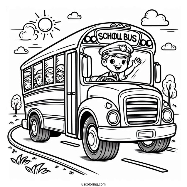Friendly School Bus Coloring Page Driver Waving