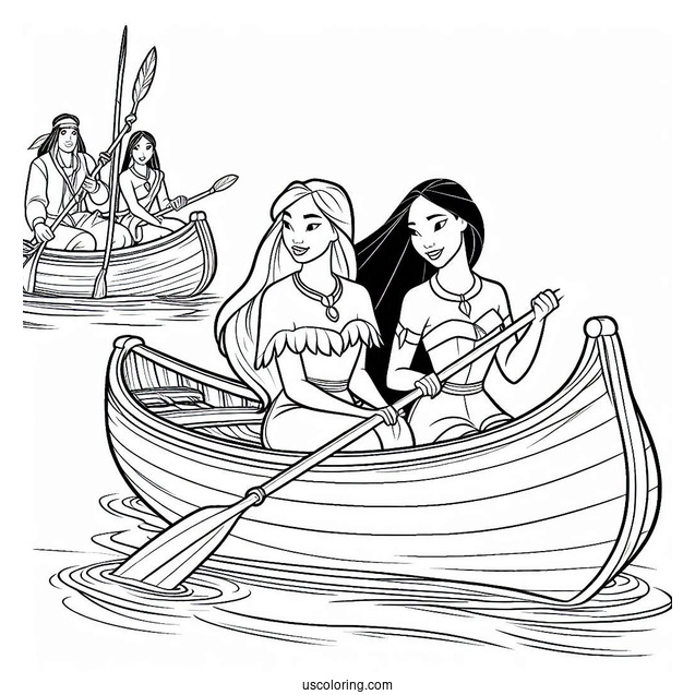 Coloring Sheet Of Mulan And Pocahontas On Canoe