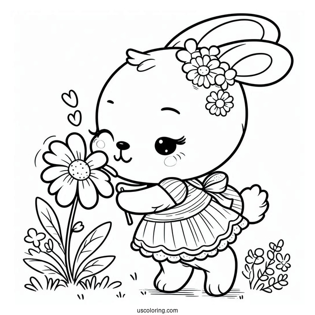 Simple Easter Coloring Page Of Bunny In A Dress Sniffing A Flower For Preschoolers