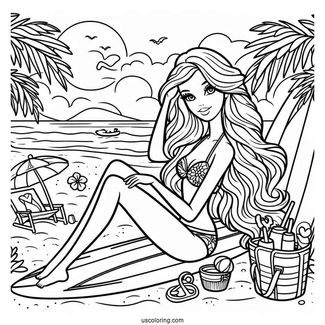 Barbie On A Surfboard Coloring Page