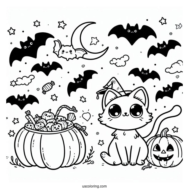 Cats With Bats Halloween Coloring Pages