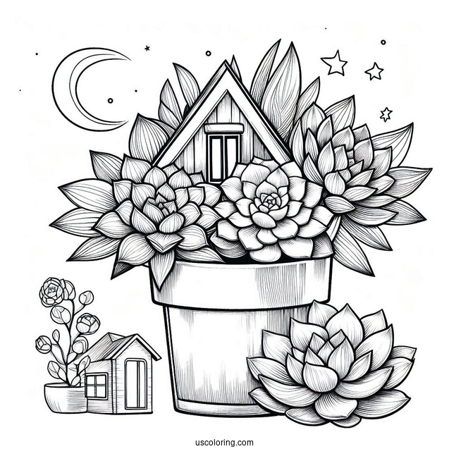 Succulent Coloring Page In A House Flower Pot