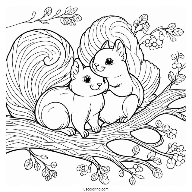 Easy Outline Of Two Squirrels Coloring Page On Tree Branch