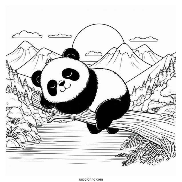 Peaceful Panda Coloring Page Sleeping on a Tree Branch Overlooking a Lake