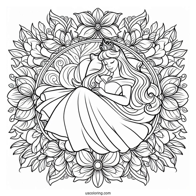 Sleeping Beauty Coloring Page Of Princess Aurora At The Center Of A Flower Mandala