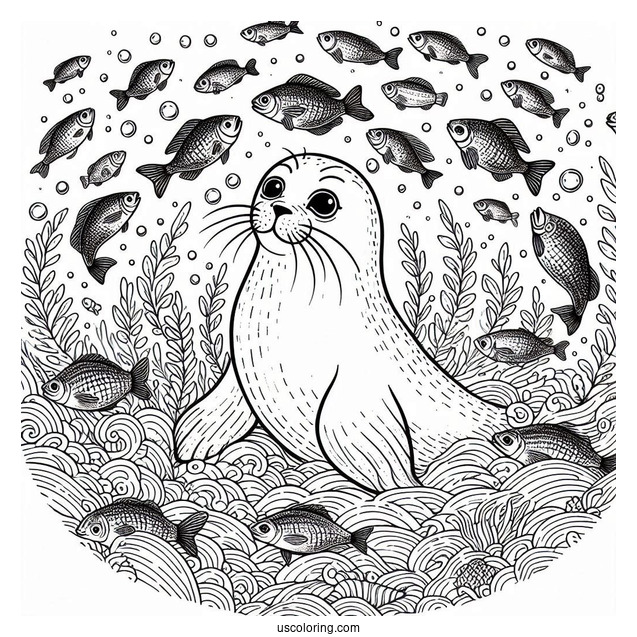Simple Seal Coloring Page Surrounded By Fish