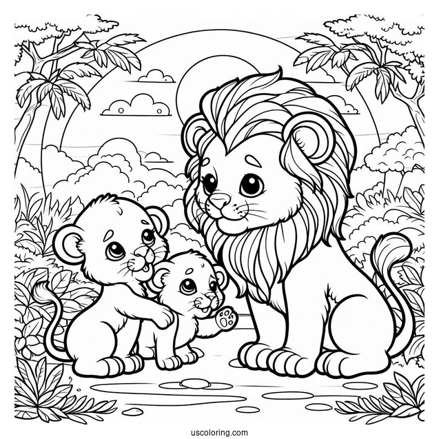 Lion With Two Cubs Playing In Jungle Coloring Page For Kids