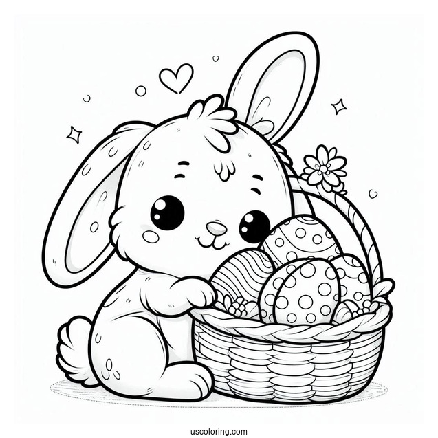 Cartoon Rabbit Coloring Page Hugging A Basket Of Easter Eggs