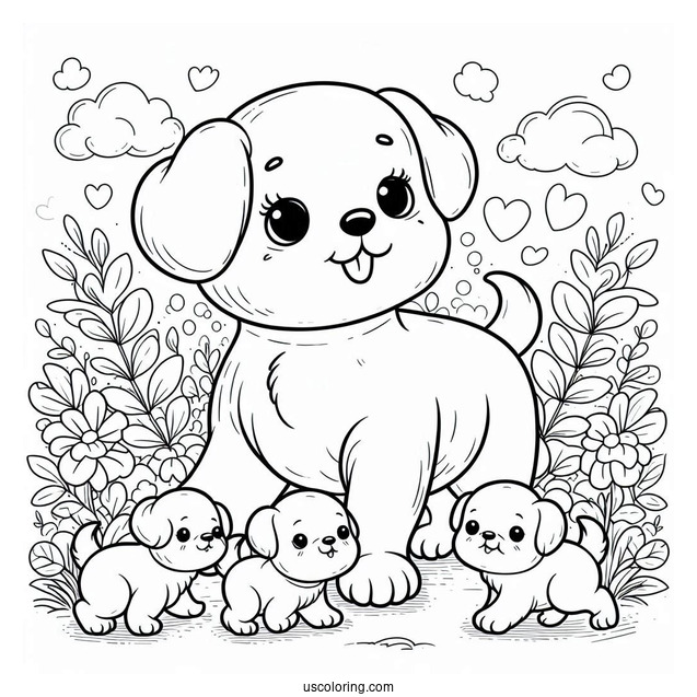 Coloring Page Of Mama Dog With Her Puppies