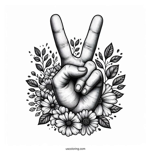 Realistic Hand Making Peace Coloring Page Sign While Covered In Flowers