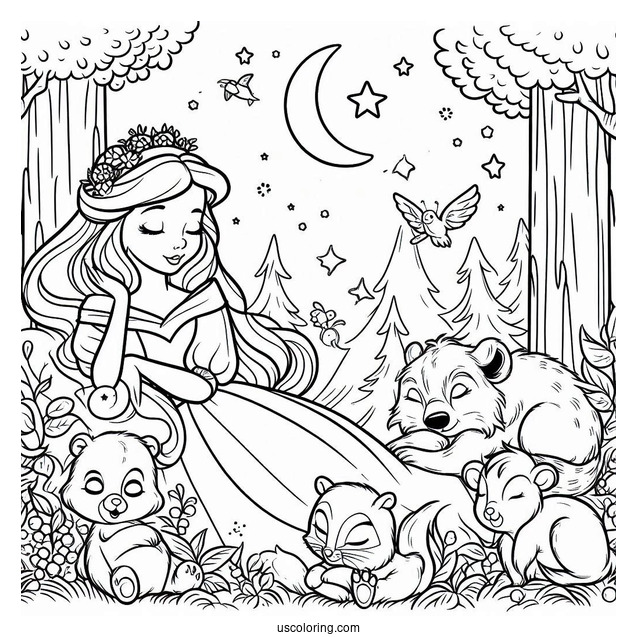 Sleeping Beauty With Forrest Critters Coloring Page