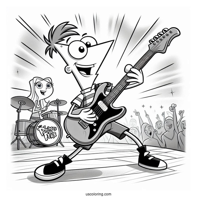 Phineas And Ferb Coloring Page On Stage Playing Electric Guitar