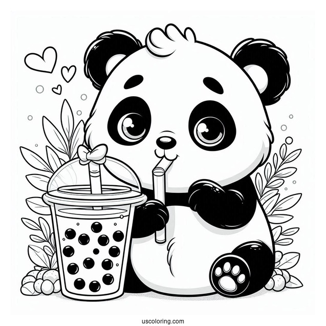 Easy Baby Panda Coloring Page Sipping Boba Tea For Preschoolers