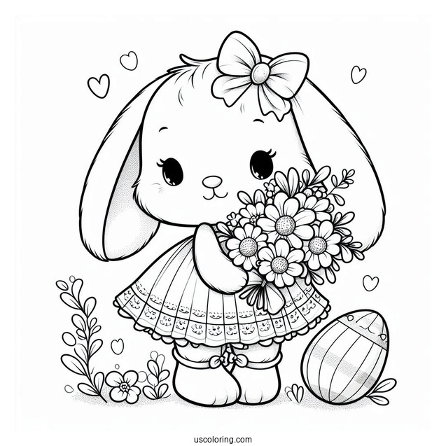 Adorable Bunny In A Dress With A Flower Bouquet In Spring Coloring Sheet