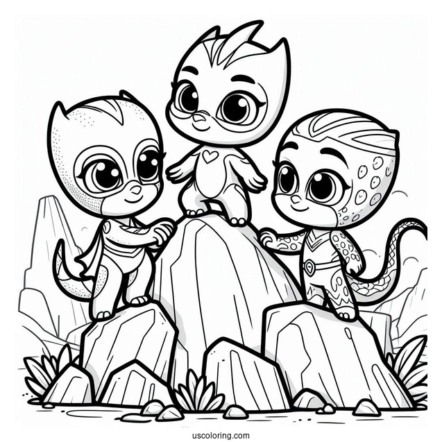 PJ Masks Coloring Page Of Octobella Holding Hands With Gekko On Rock