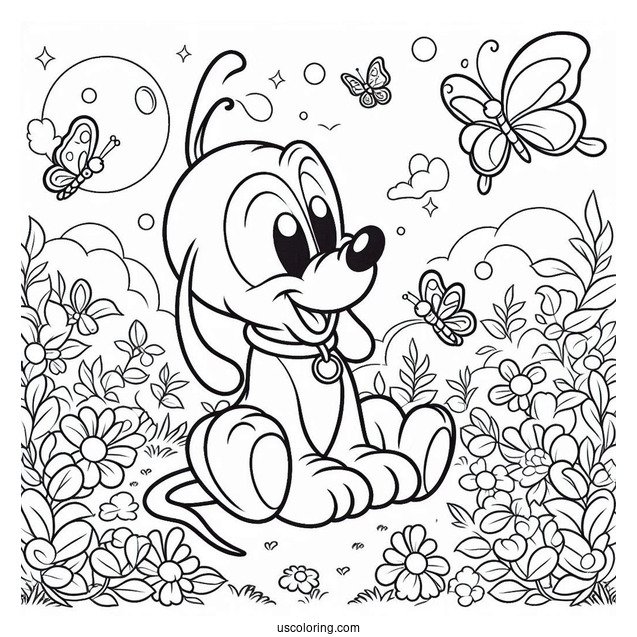 Pluto Coloring Page Sitting In Garden With Butterflies And Birds