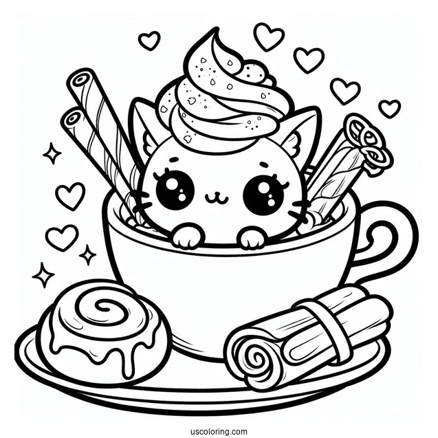 Kawaii Cat In Coffee Coloring Pages Cup With Whipped Cream And Cinnamon Rolls