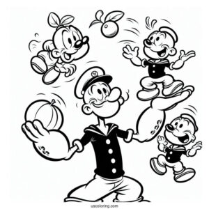 Popeye Coloring Page Juggling Eugene, Olive Oyl, And Swee Pea