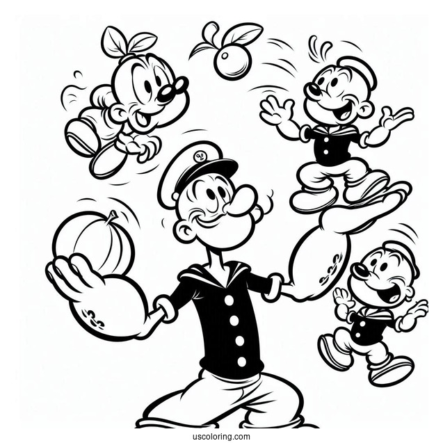 Popeye Coloring Page Juggling Eugene, Olive Oyl, And Swee Pea