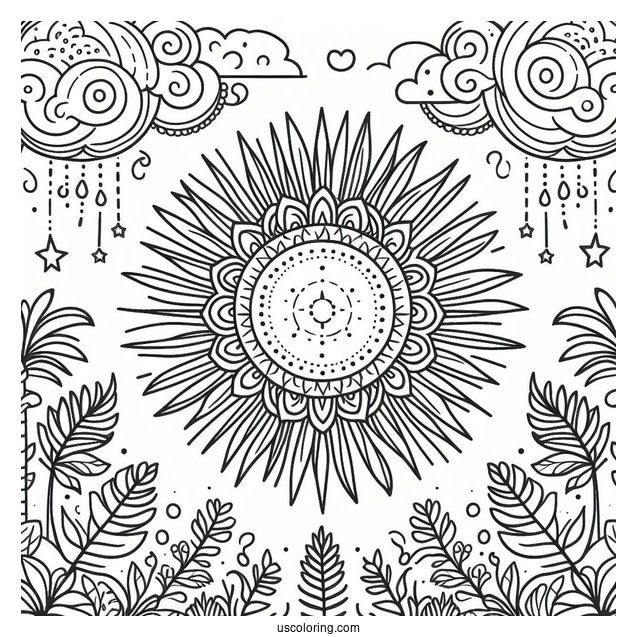Intricate Sun With Clouds And Vegetation Coloring Page