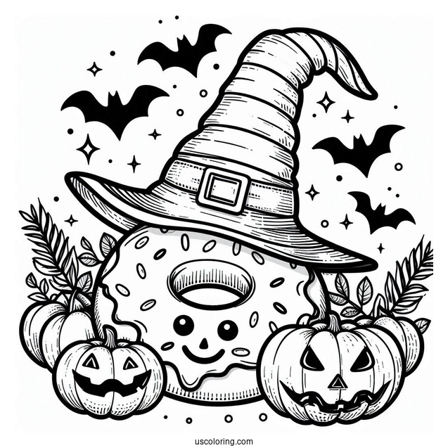 Donut Coloring Page Wearing A Witch's Hat On Halloween