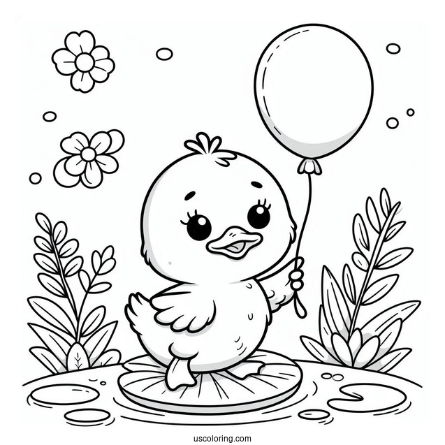 Adorable Duck With Balloon Standing On Lily Pad Coloring Sheet For Preschoolers