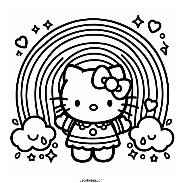 Hello Kitty With A Rainbow Coloring Page Background For Kids