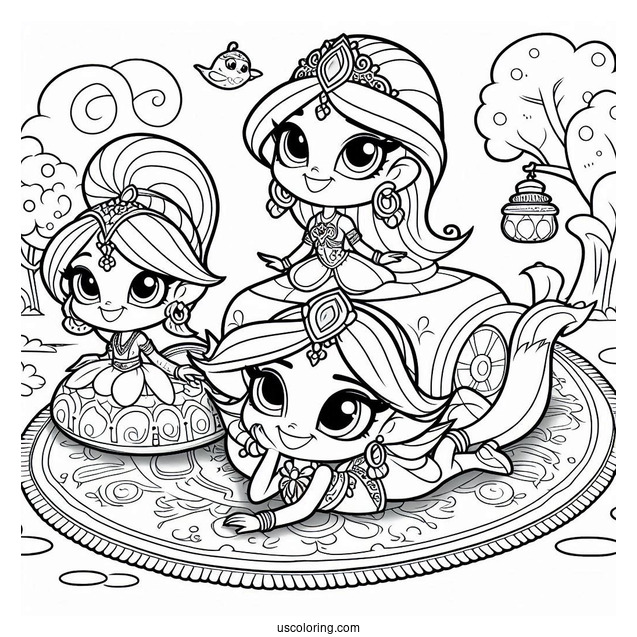 Shimmer And Shine Coloring Page Nahal, And Nazboo On A Magic Carpet With Zeta In The Background