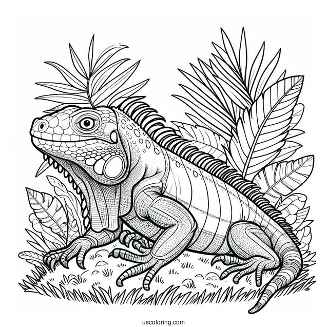 Lizard Coloring Page of Green Iguana On Grass