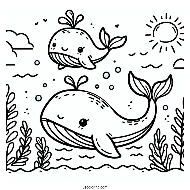 Cute Coloring Page Cartoon Whales Swimming In The Ocean