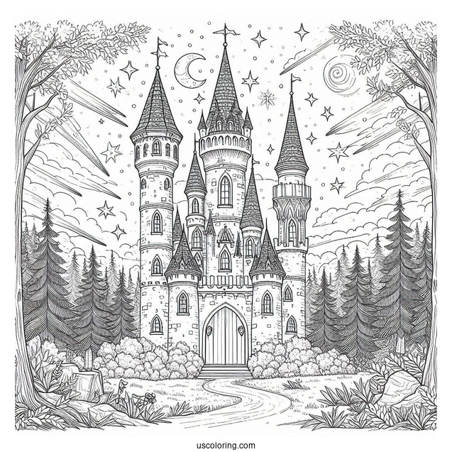 Magical Castle Coloring Page In The Forest With Starry Sky