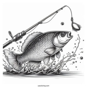 Realistic Fish Chasing The Bait On Fishing Coloring Page Rod