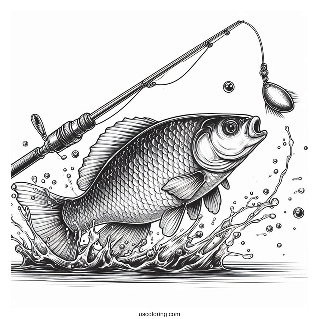 Realistic Fish Chasing The Bait On Fishing Coloring Page Rod