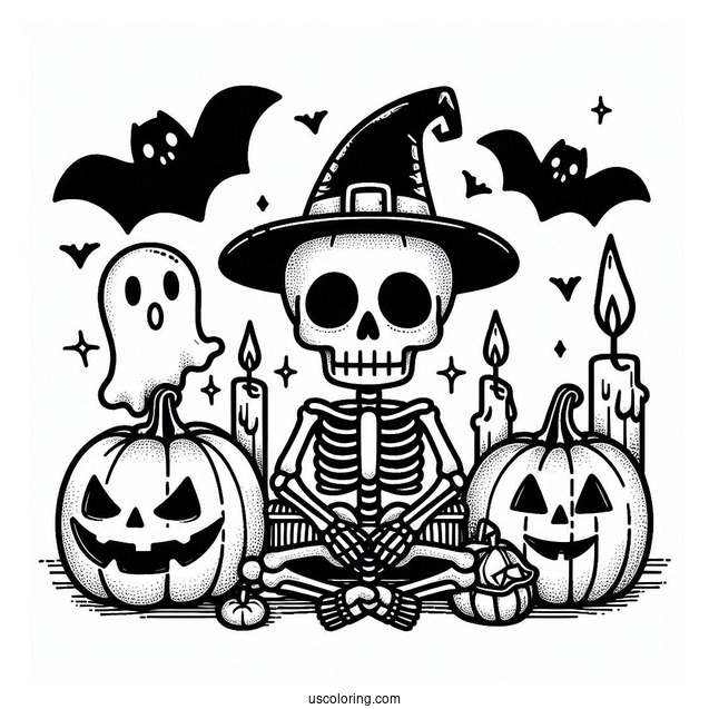 Skeleton Coloring Page Of Jack O Lantern With Ghost And Bat