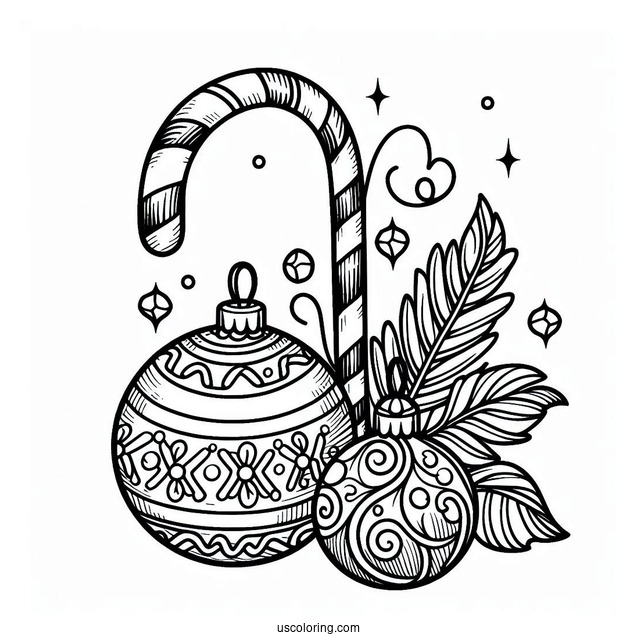 Candy Cane And Christmas Ornaments To Color