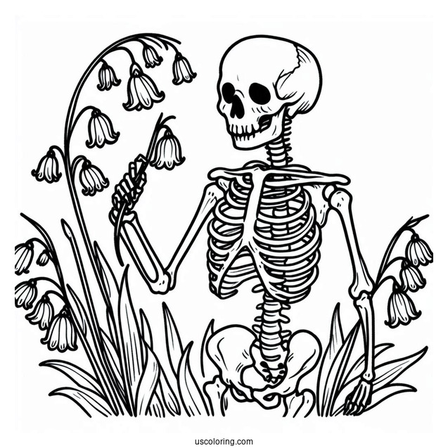 Skeleton Coloring Page Holding Up Bluebells