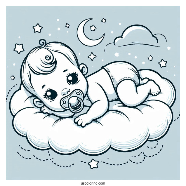 Baby Coloring Page With Pacifier Lying On Cloud