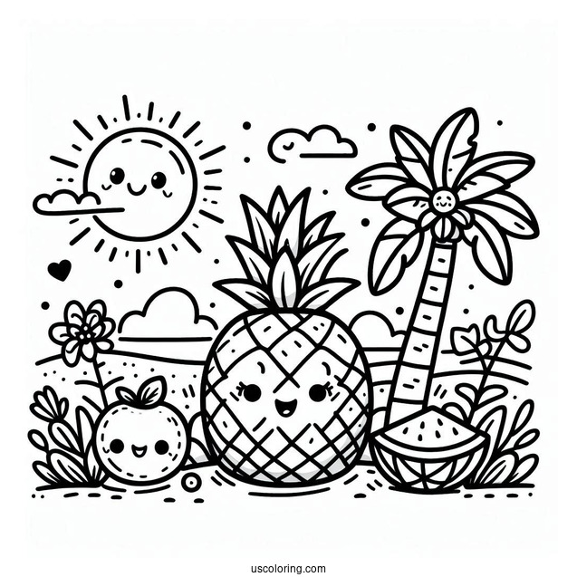 Cute Pineapple Coloring Page in a Fruit Garden For Preschoolers