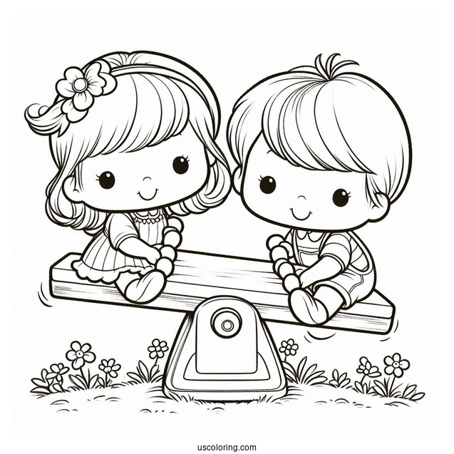 Simple Precious Moments Coloring Page Of Children Playing On Seesaw
