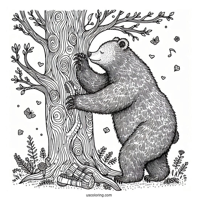 Adult Bear Coloring Page Rubbing Back On Tree