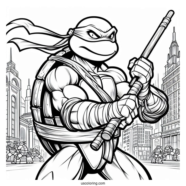 Ninja Turtles Coloring Page Of Michelangelo Using Nunchucks In City